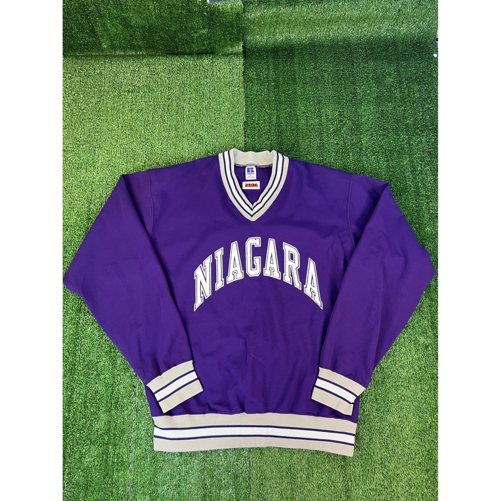 Vintage Russell Athletic Niagara University V-Neck Pullover Purple Mens 42 USA